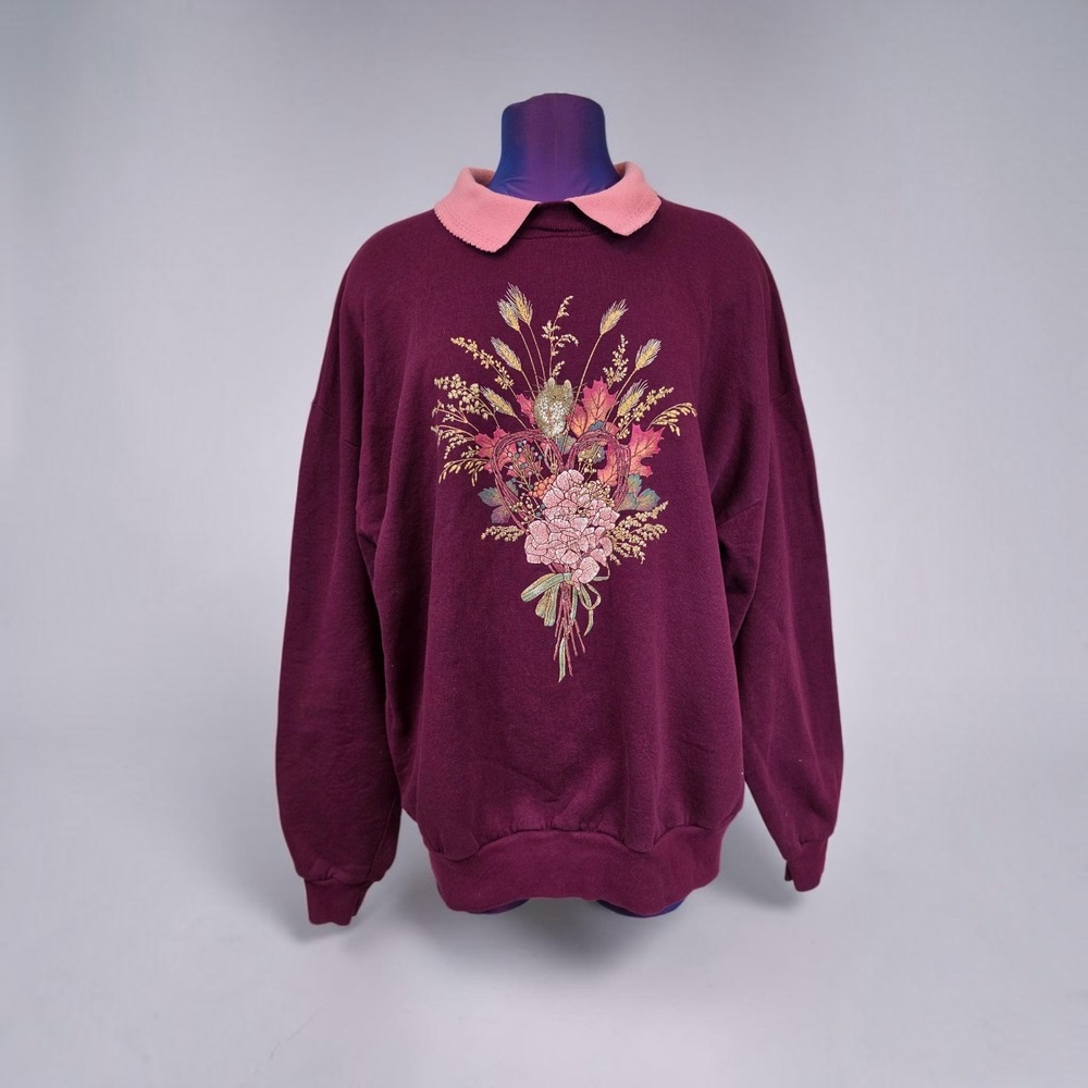 Jerzees Just For Women Burgundy Floral Double Collar Sweatshirt 2X USA Vintage